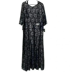 LE BOS Round Neck 3/4 Sleeve Metallic Lace Peplum Long Gown Size 22W
